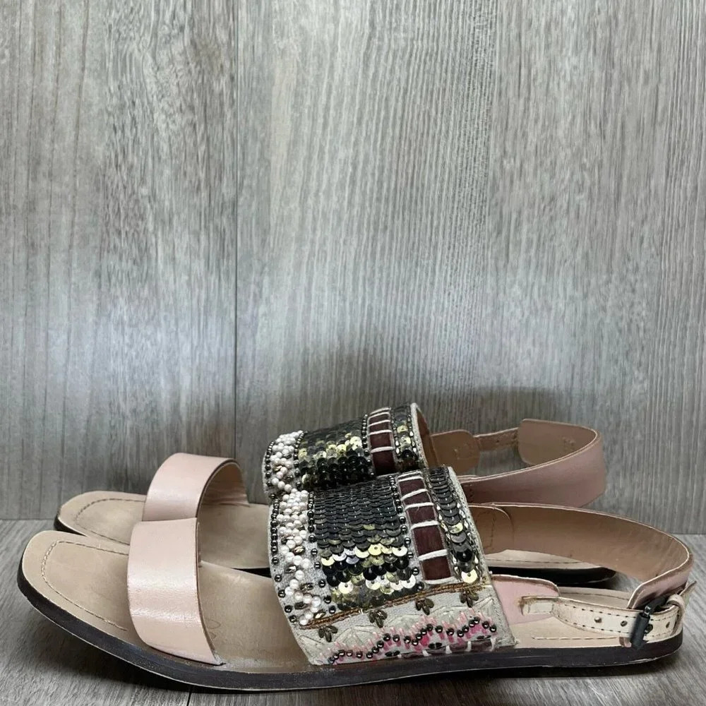 ZARA Basic Sandals Size 40 US 9.5 Boho Sequin Embellished Slingback Flats Pink - Picture 5 of 11